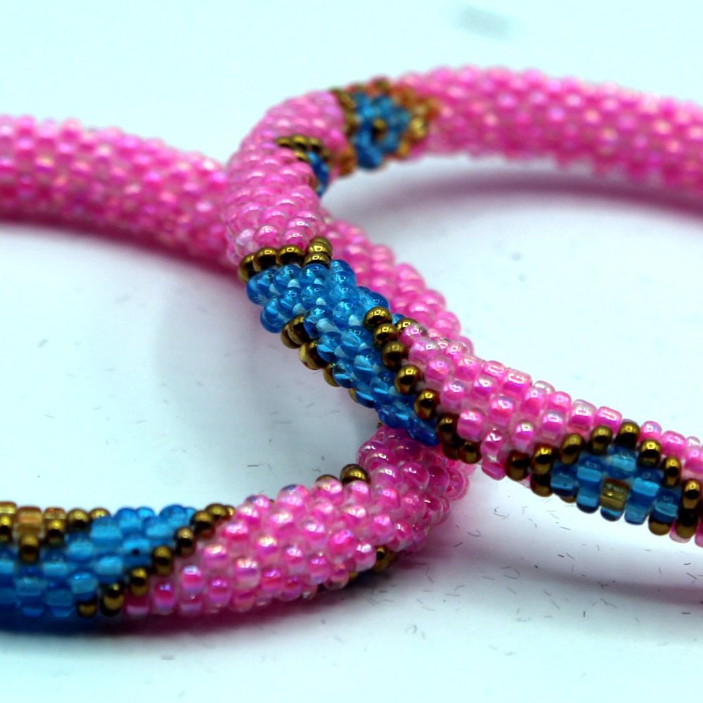 Set of 2 Pink, Blue Colors Pattern Roll Over Handmade Glass Beaded Bracelets